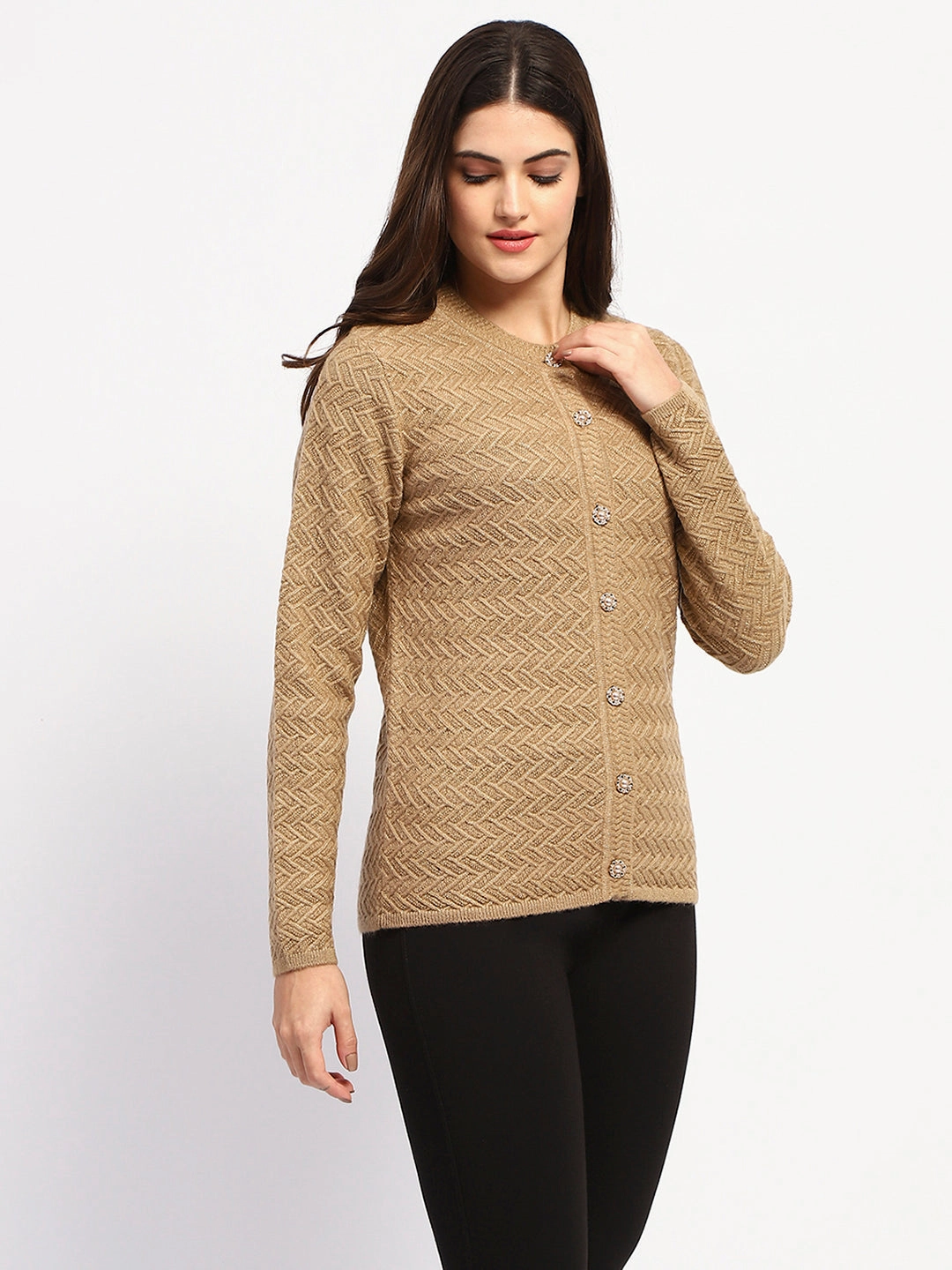 AdjustableDrawstring Madame Camel Cable Knit Button Down Cardigan