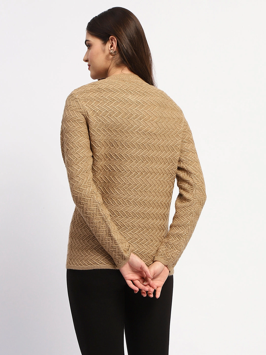 Non Restrictive Fit Madame Camel Cable Knit Button Down Cardigan