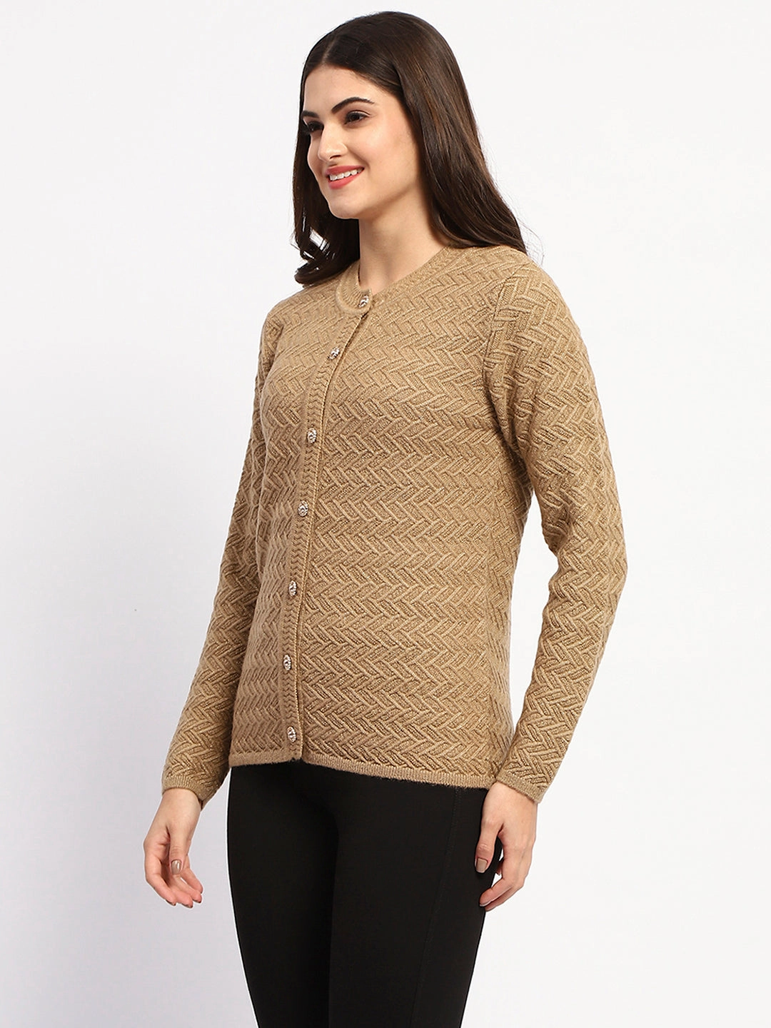 Stretch Fit Engineering casual top Madame Camel Cable Knit Button Down Cardigan