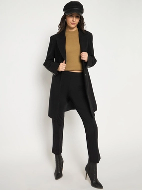 Comfortable fit Relaxed Layers Madame M??lange Lapel Notched Front Pocketed Black Long Coat