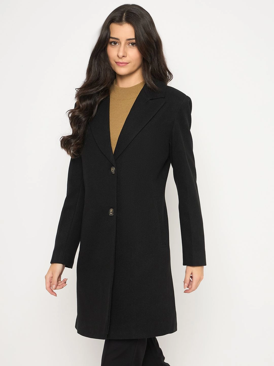 Crisp Air Piece Modular Attachment Loops Madame M??lange Lapel Notched Front Pocketed Black Long Coat