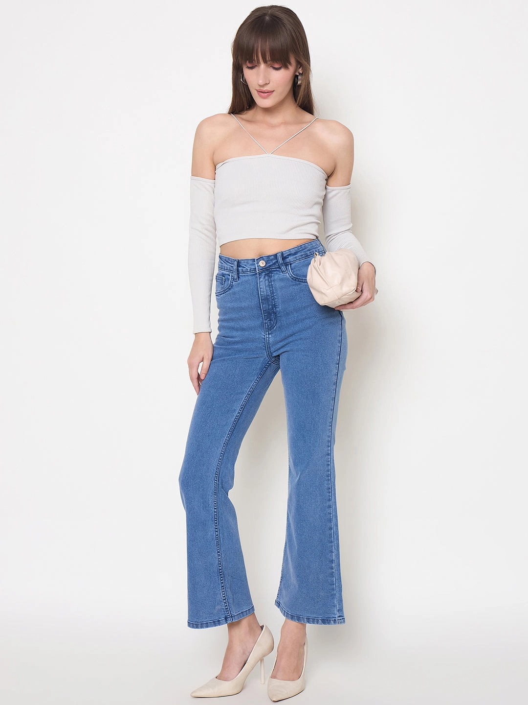 Madame Cotton Blend Flared Fit Mid Blue Denim Jeans Neutral Lightweight Casual Friday Elegant Casual