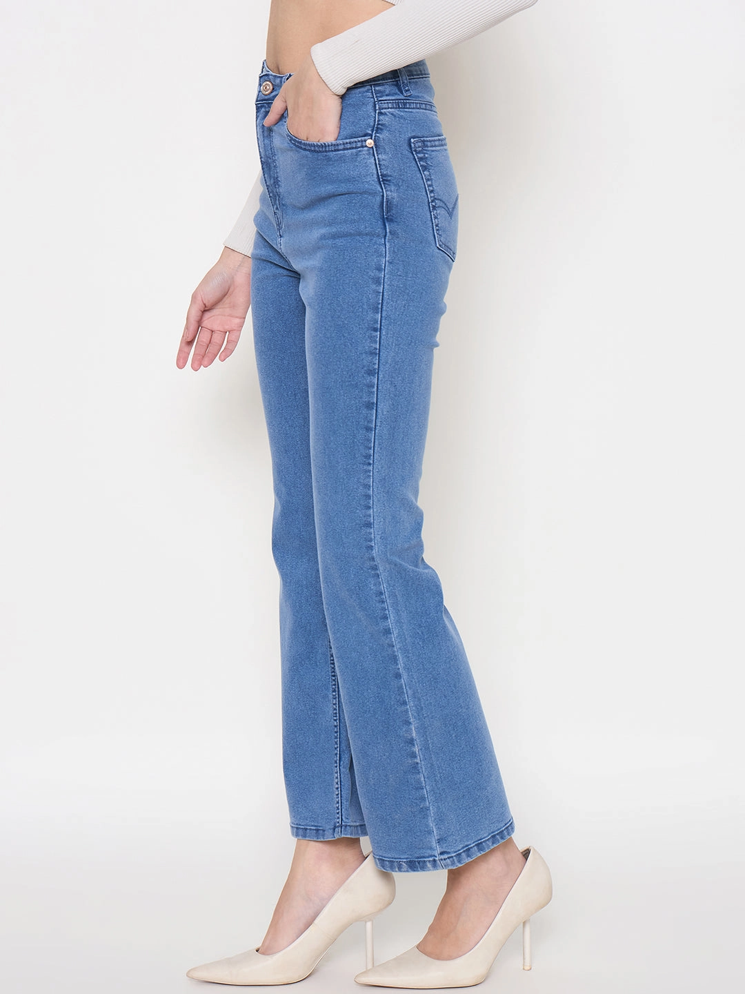 Party Look Sunny Vibes Couple Look Stone Wash Finish Madame Cotton Blend Flared Fit Mid Blue Denim Jeans