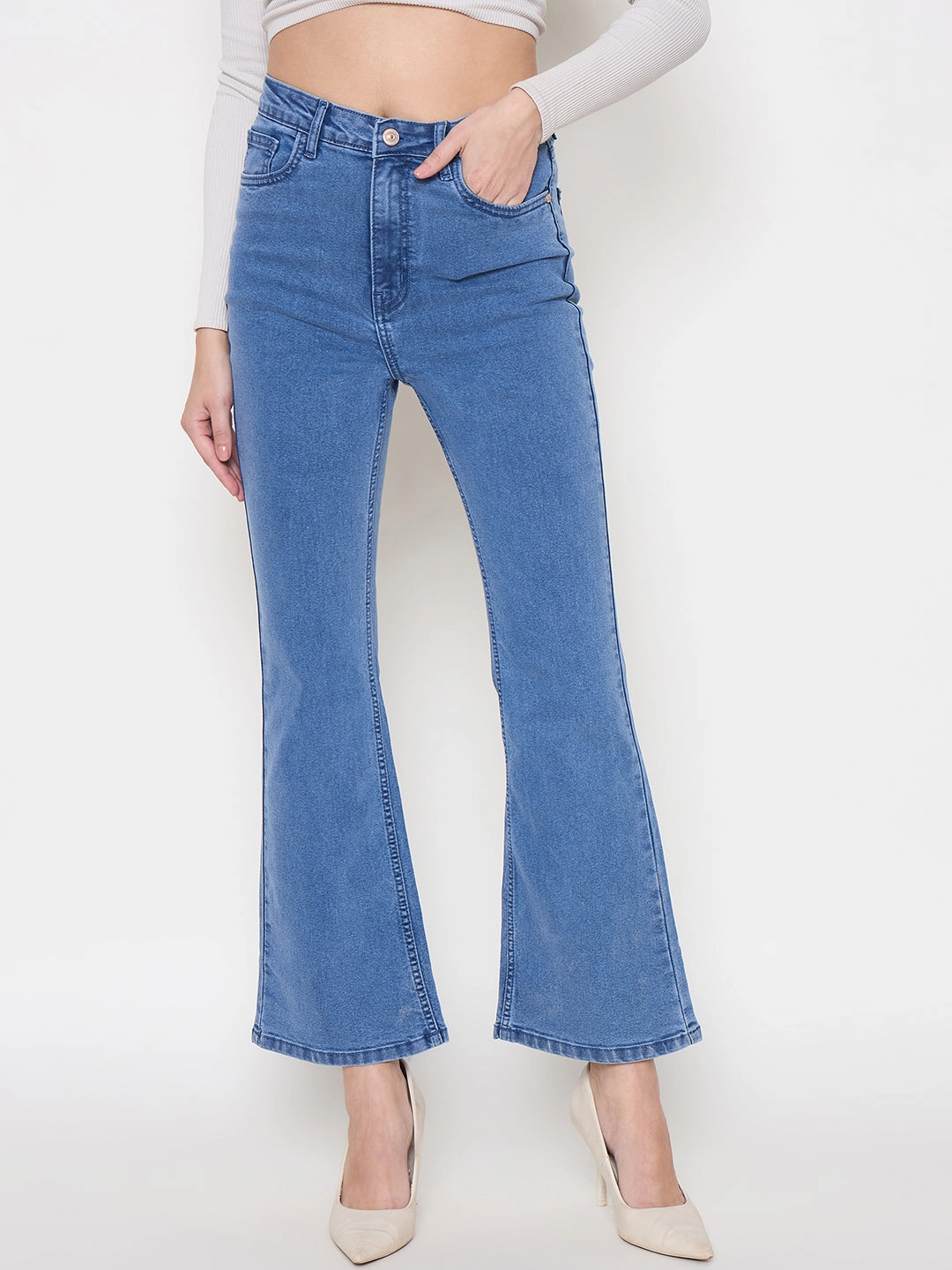 Madame Cotton Blend Flared Fit Mid Blue Denim Jeans Eco Certified Textile Standards