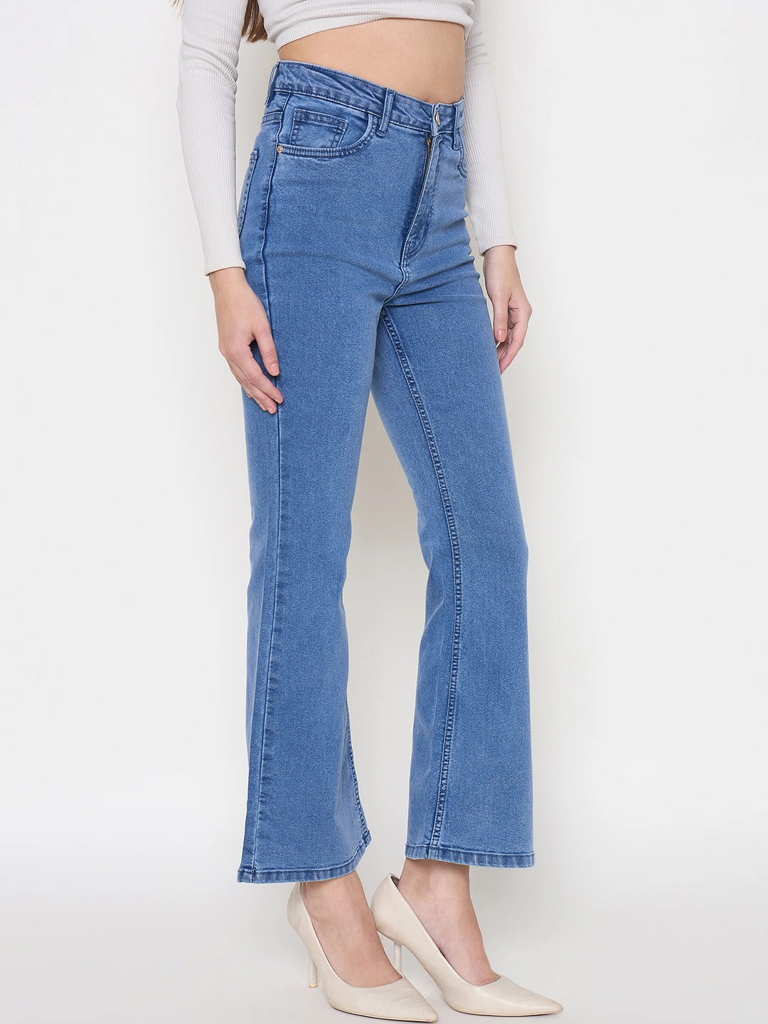 Office Wear Weekend Warrior Trend Setter Madame Cotton Blend Flared Fit Mid Blue Denim Jeans