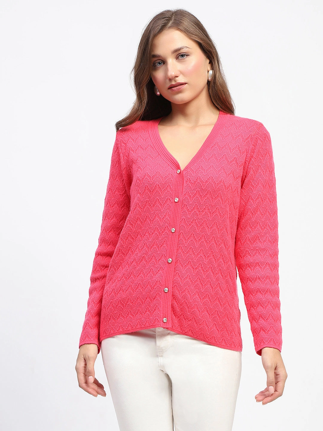 MeshPanelIntegration WrinkleFree Weaving Madame Coral V Neck Cardigan