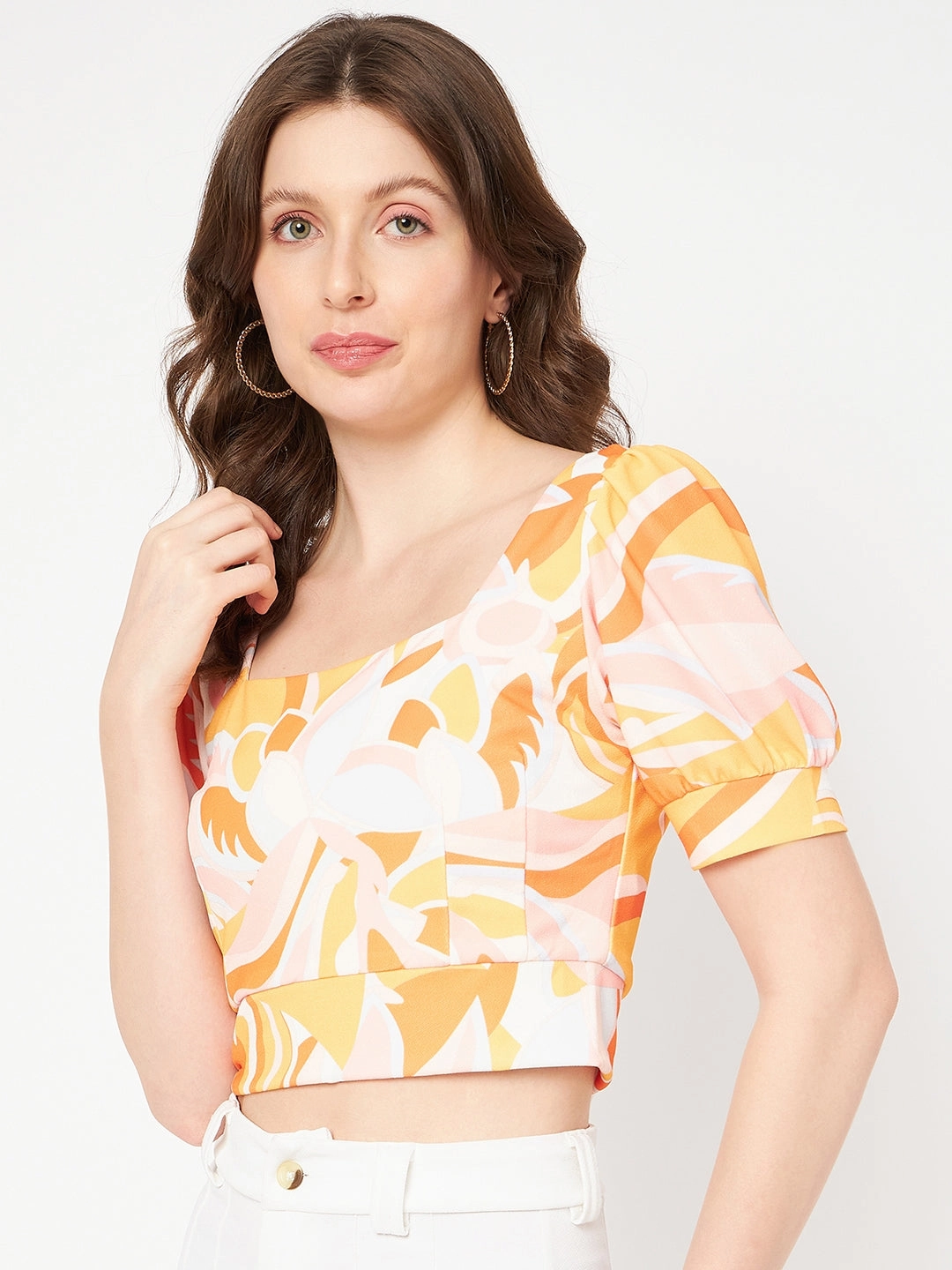 Madame Marble Print Square Neck Tangerine Orange Crop Top Tencel Lyocell Fiber Compression Fit