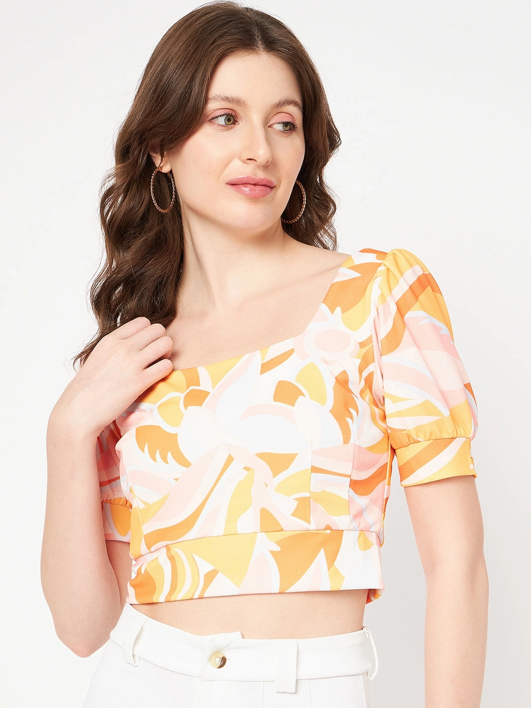 Madame Marble Print Square Neck Tangerine Orange Crop Top Stylish Tank QuickDry Technology
