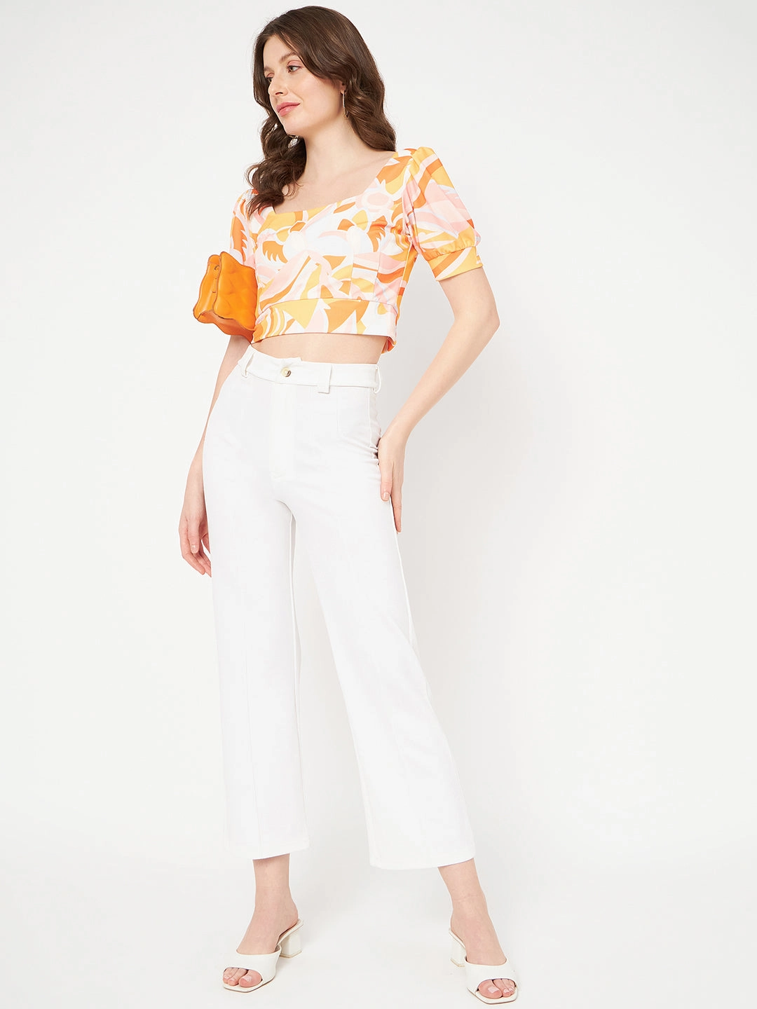 Madame Marble Print Square Neck Tangerine Orange Crop Top Thermochromic Color Shift Tech