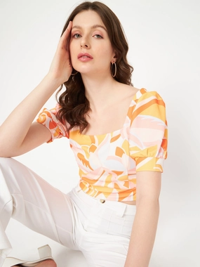 Madame Marble Print Square Neck Tangerine Orange Crop Top Reinforced Shoulder Panels
