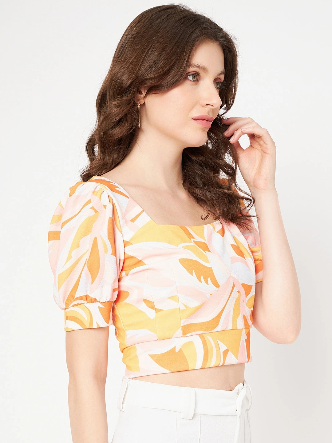 Madame Marble Print Square Neck Tangerine Orange Crop Top Variable Tension Adjustment RibbedCuff