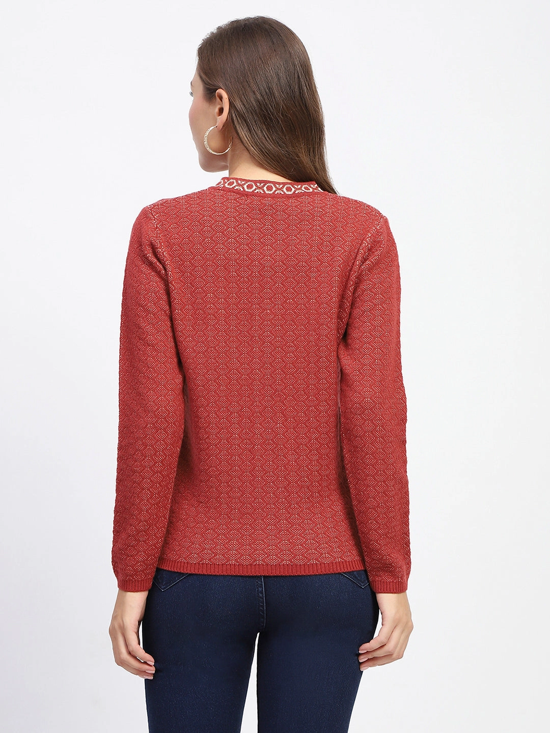 Madame Geometric Pattern V Neck Rust Cardigan RawHemDetail