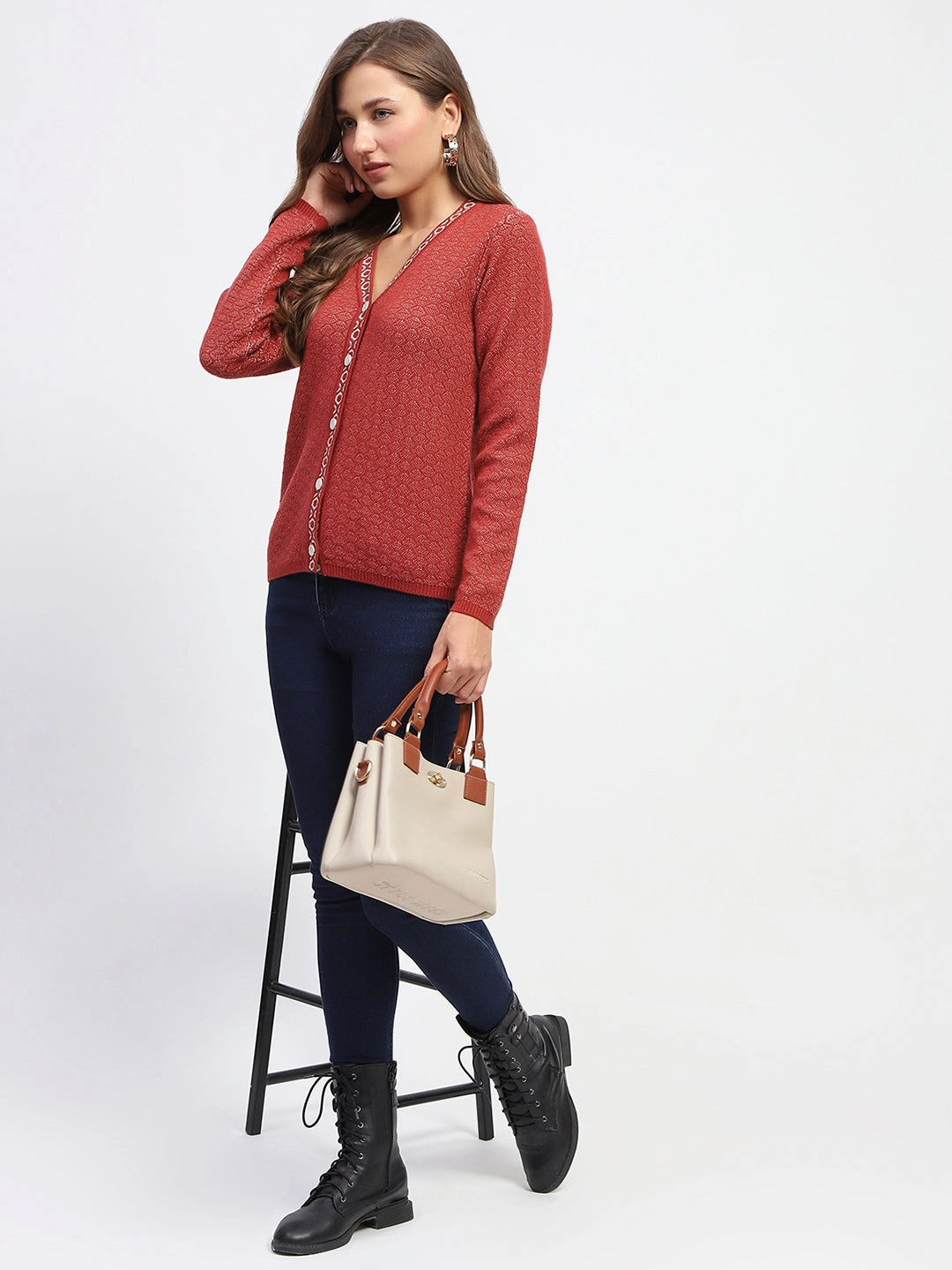 Madame Geometric Pattern V Neck Rust Cardigan VentilatedMesh Hydrophobic Surface Treatment