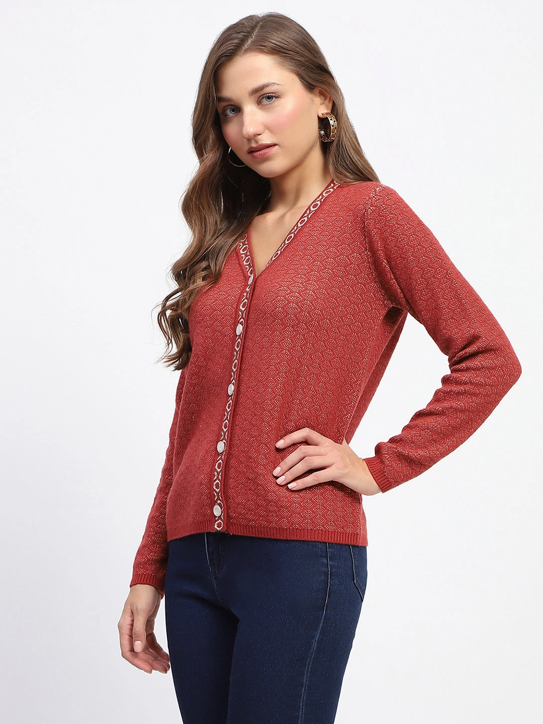 LightweightLayeringSystem ChafeFreeEdging Madame Geometric Pattern V Neck Rust Cardigan