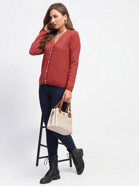 Madame Geometric Pattern V Neck Rust Cardigan VentilatedMesh Hydrophobic Surface Treatment