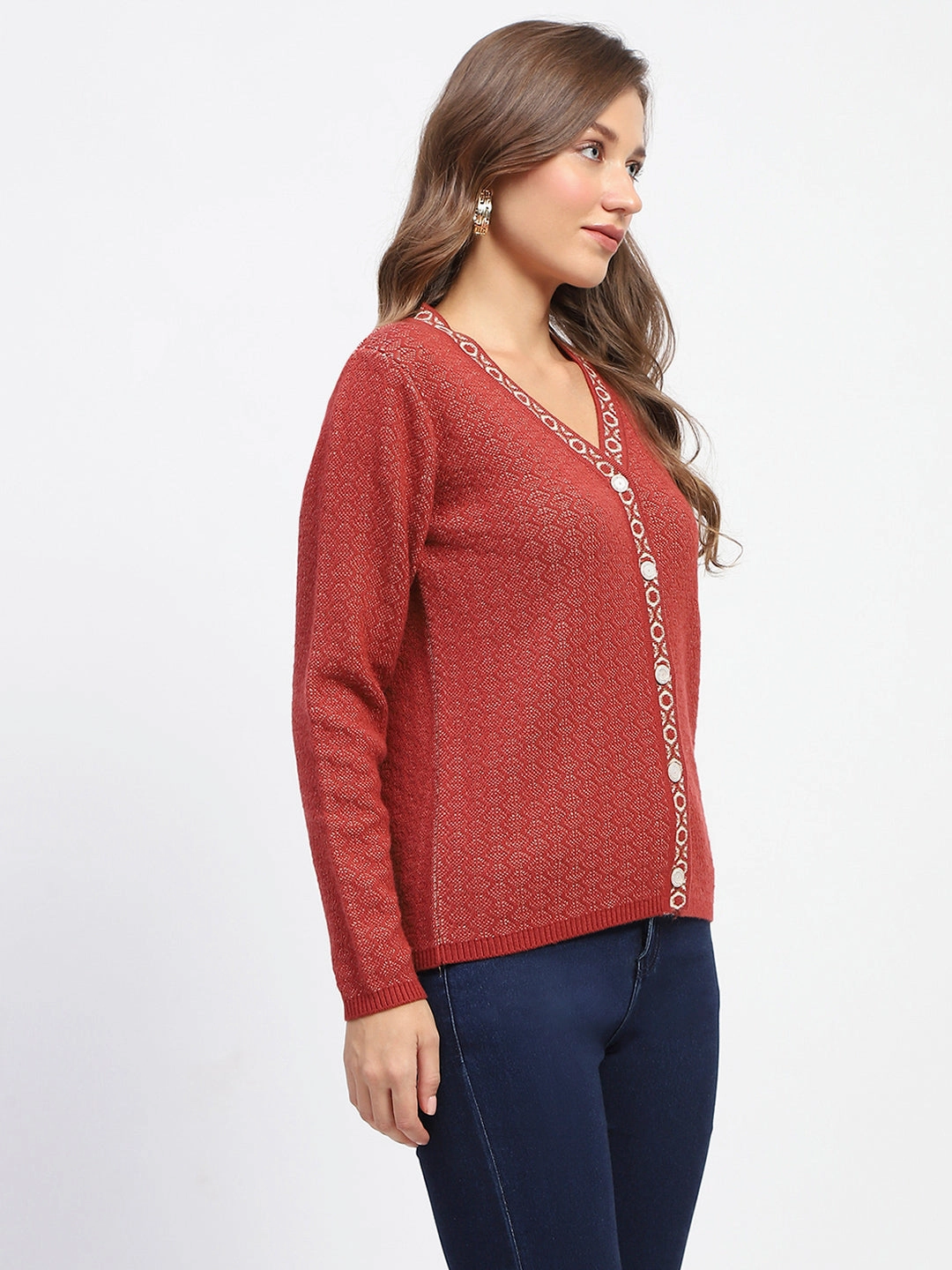 SoftTouchFinish Hypoallergenic Textile Madame Geometric Pattern V Neck Rust Cardigan