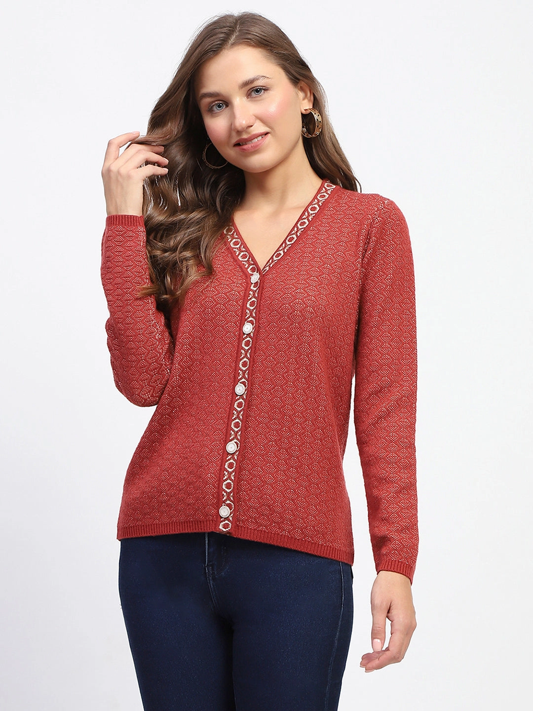 Organic Cotton Blend Professional Look Madame Geometric Pattern V Neck Rust Cardigan