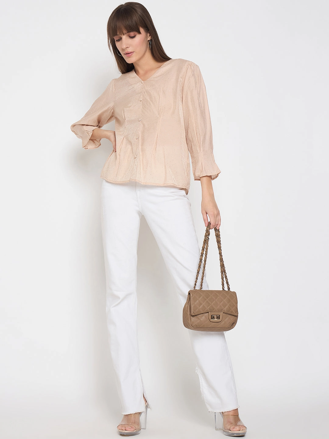 Madame Nylon Swarovski Dart Detailed Beige Top Noise Reducing Fabric Treatment