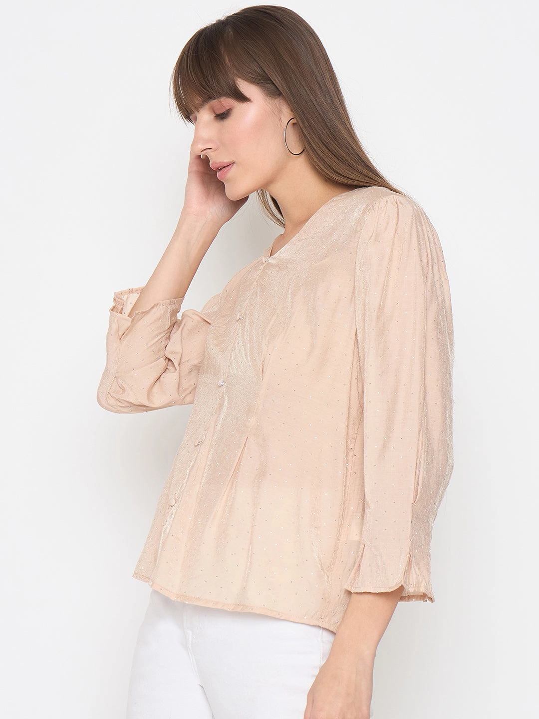 Madame Nylon Swarovski Dart Detailed Beige Top Stretchable Waistband