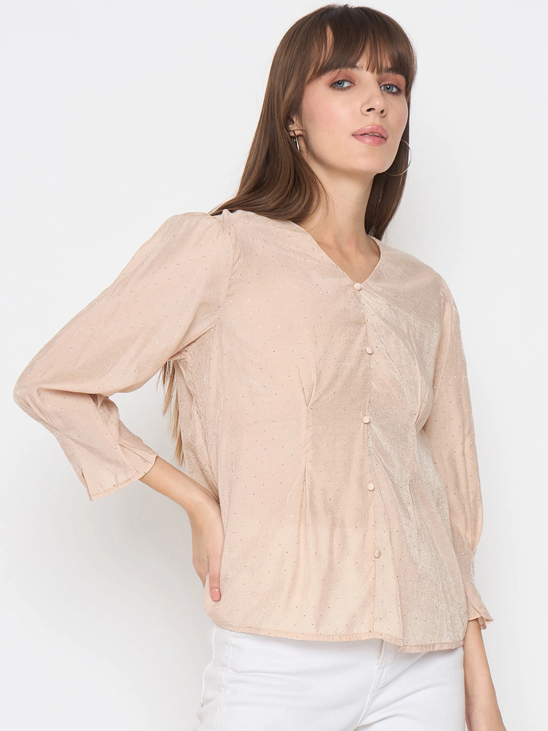 Madame Nylon Swarovski Dart Detailed Beige Top Flexible Hemline