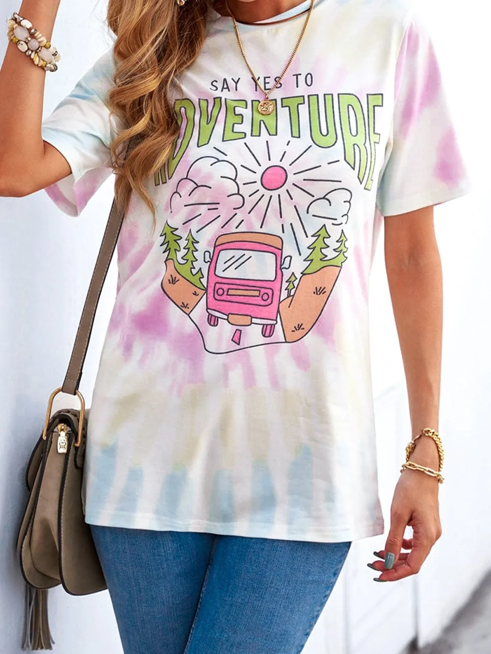 ADVENTURE AWAITS Tie-dye Print T-shirt
