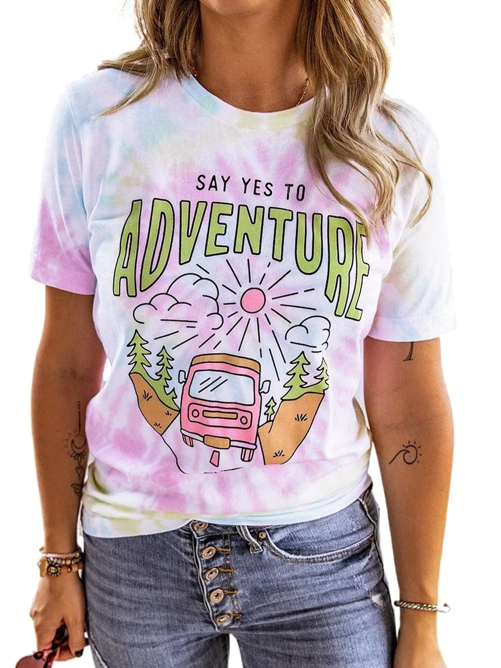 ADVENTURE AWAITS Tie-dye Print T-shirt