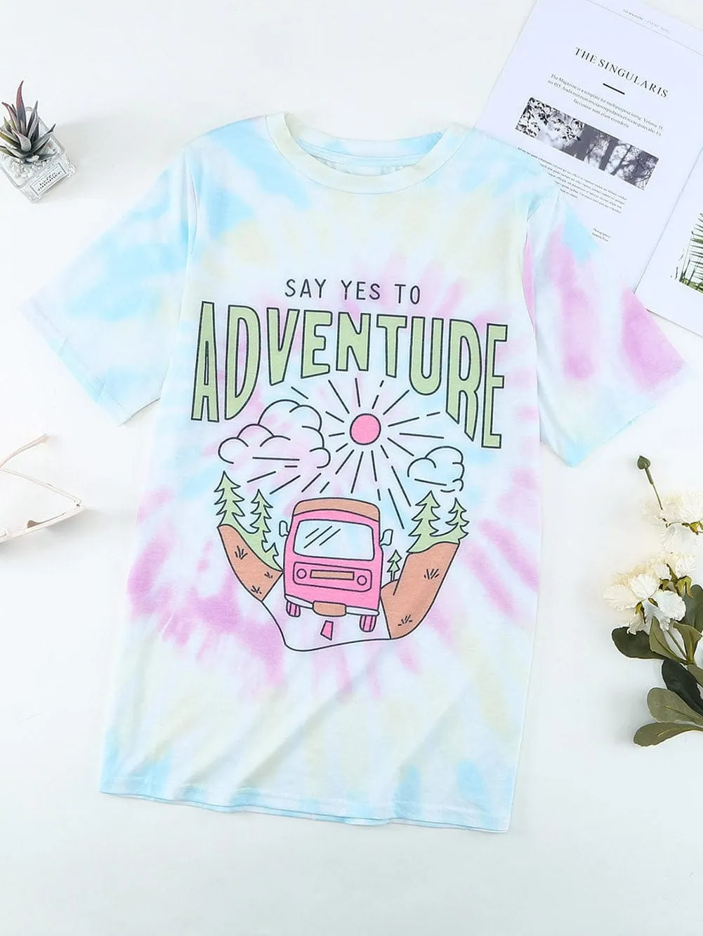 ADVENTURE AWAITS Tie-dye Print T-shirt