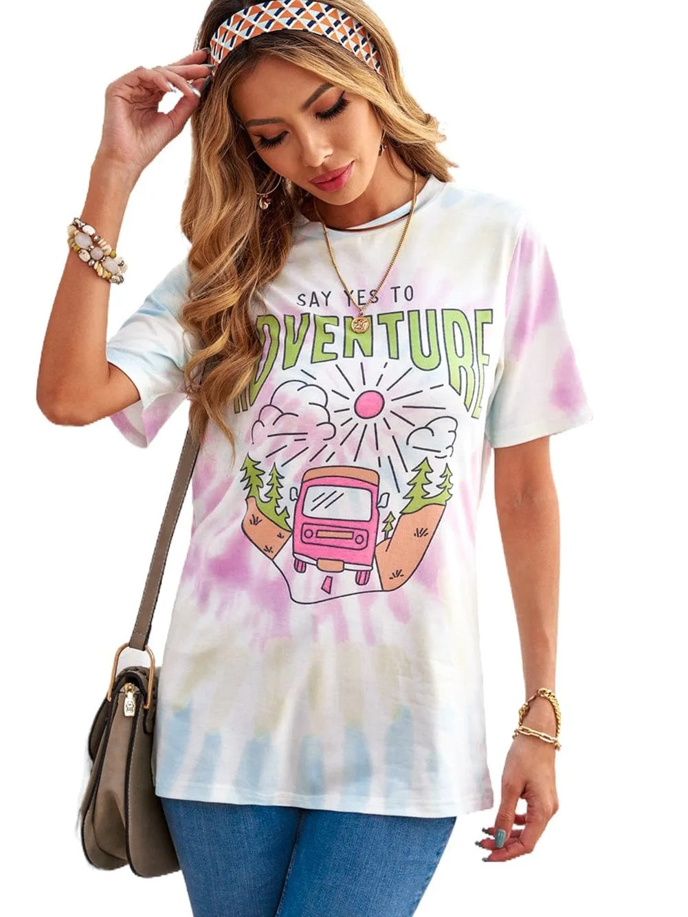ADVENTURE AWAITS Tie-dye Print T-shirt