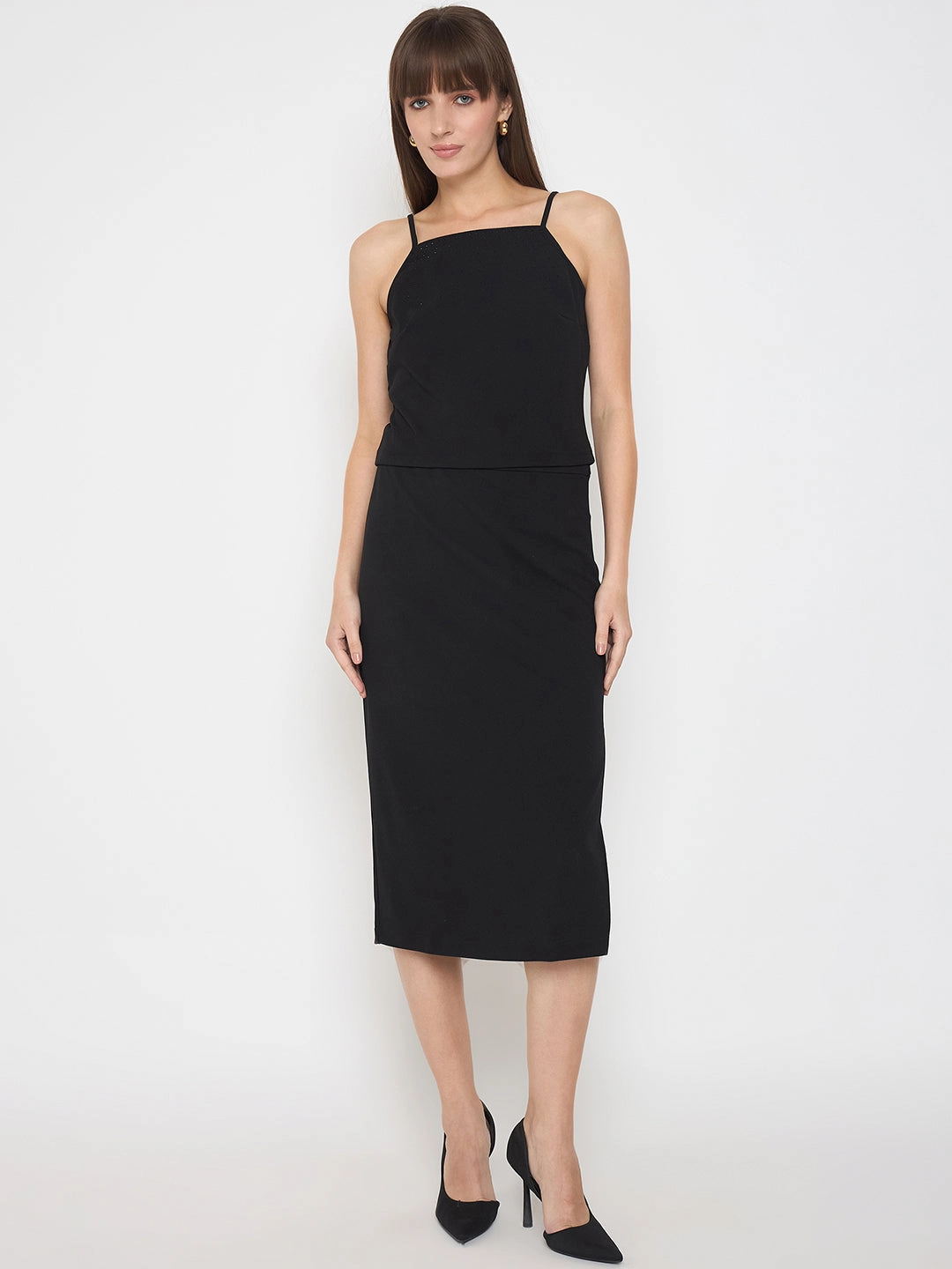 Midnight Mood Monochrome Mood Madame Embellished Halter Neck Top and Skirt Black Coord Set