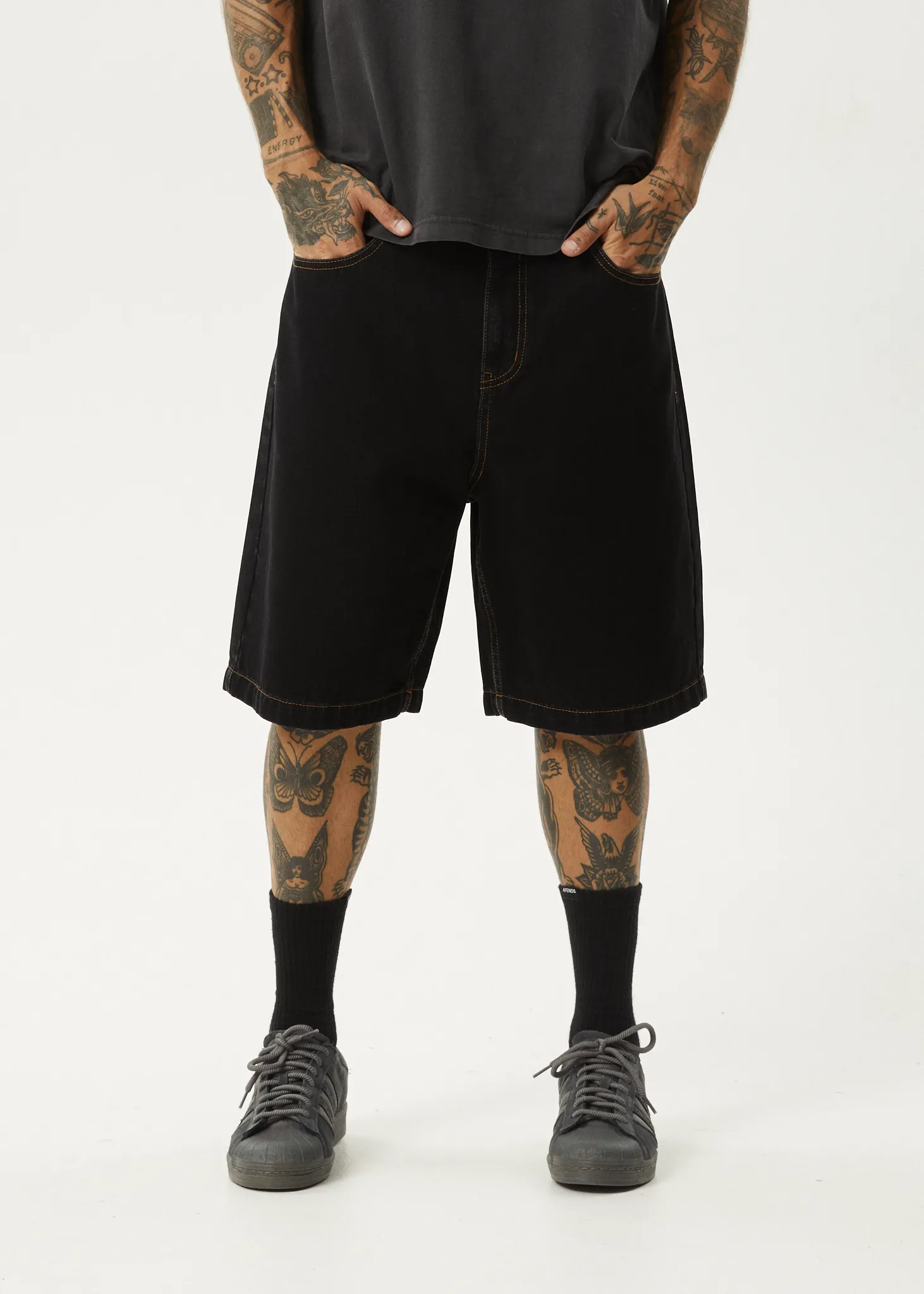 AFENDS Mens Lil C - Denim Baggy Fit Short 22 Inch - Washed Black