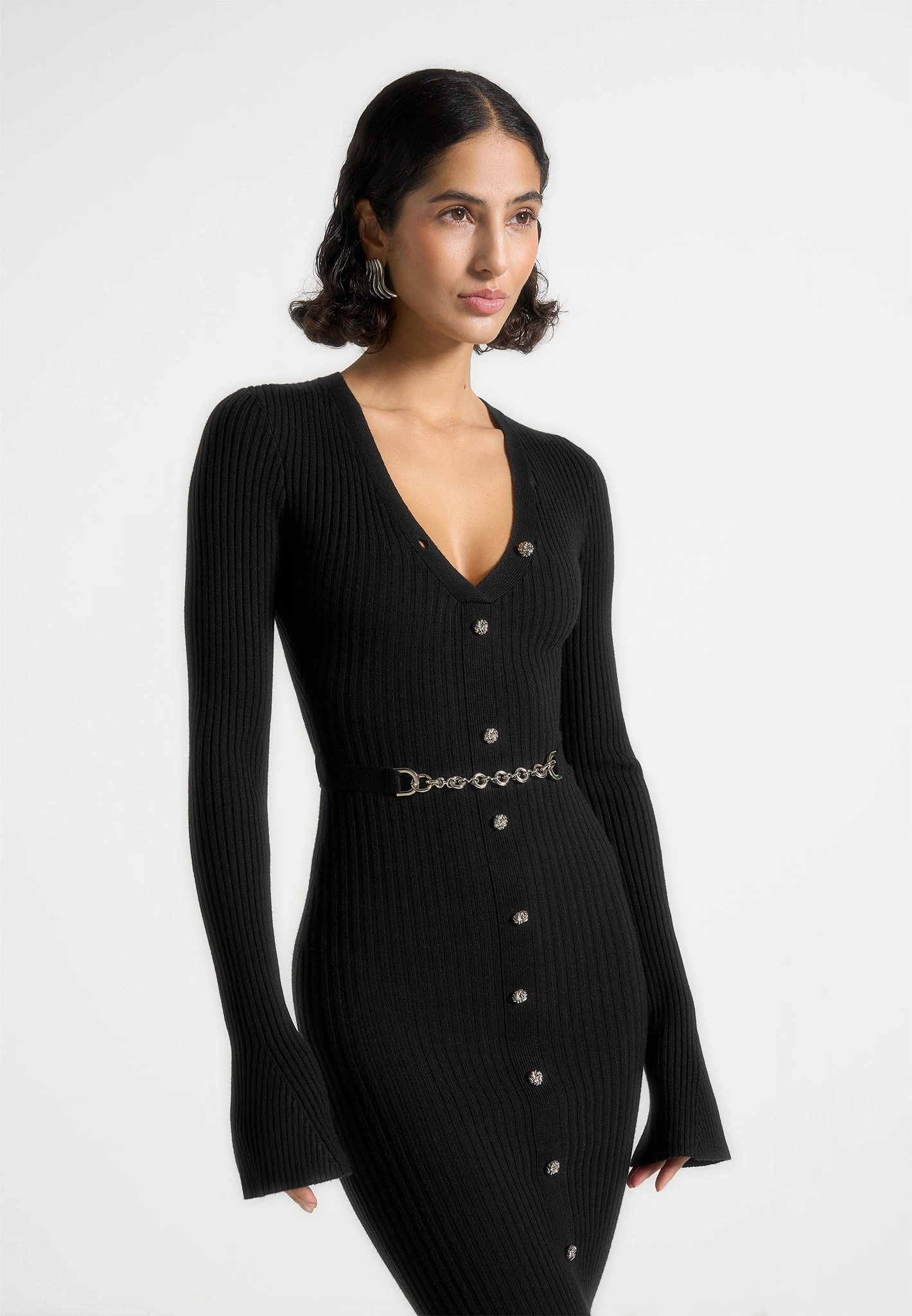 Turtle Neck Variant Thermal Retention Lining Assia - Long Sleeve Knitted Midaxi Dress With Belt - Black