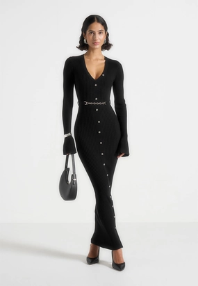 Elastic hemline Assia - Long Sleeve Knitted Midaxi Dress With Belt - Black