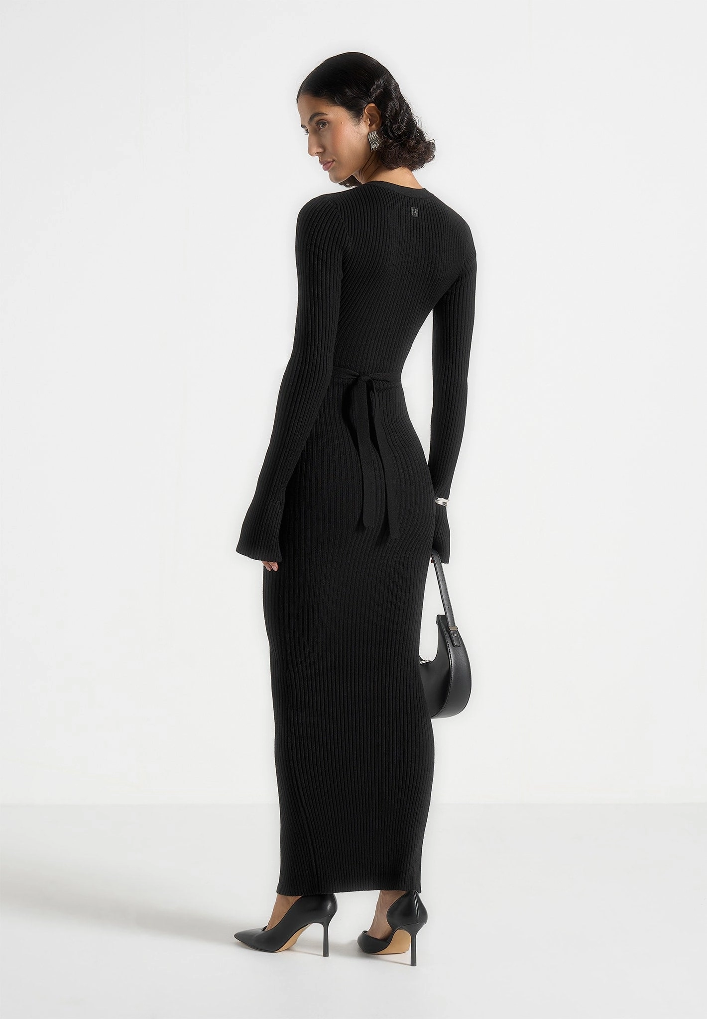 Assia - Long Sleeve Knitted Midaxi Dress With Belt - Black All Day