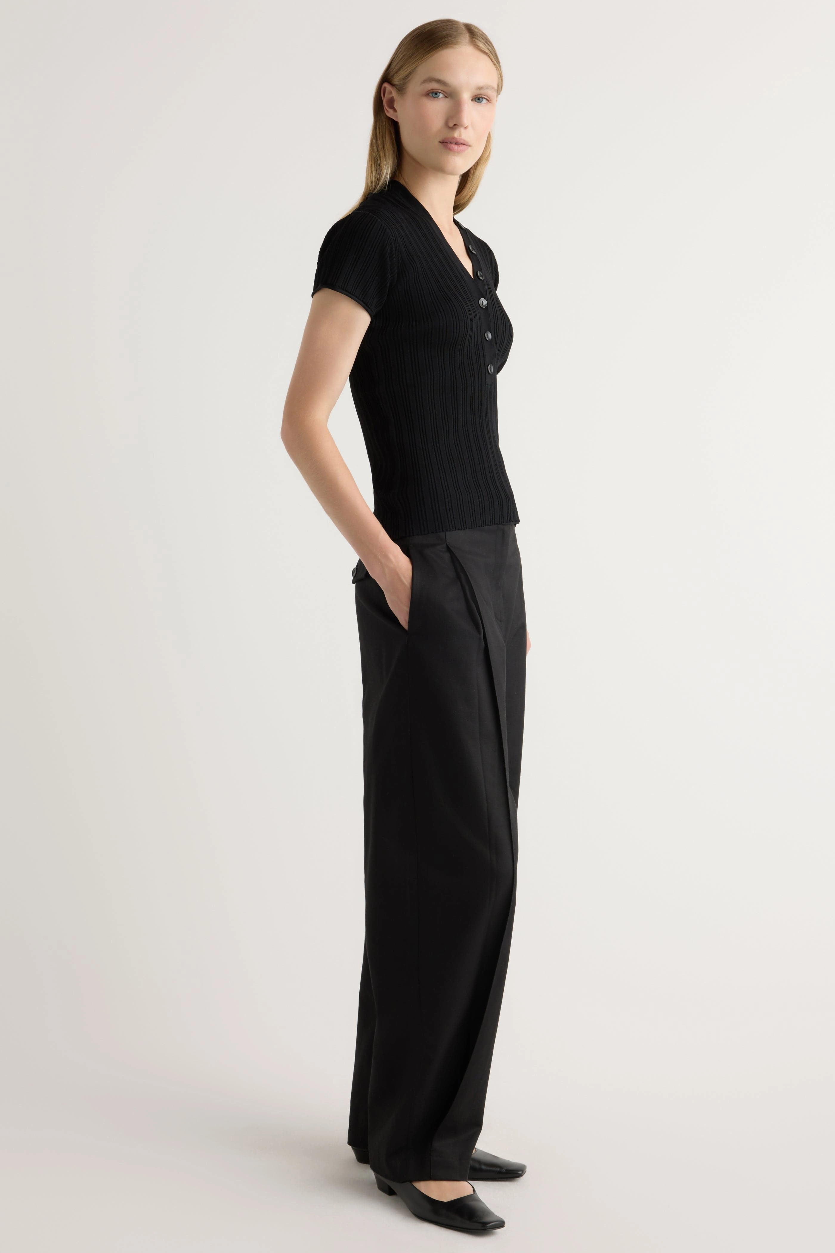 DoubleLayeredCollar Jeni Button V-Neck Sweater Top