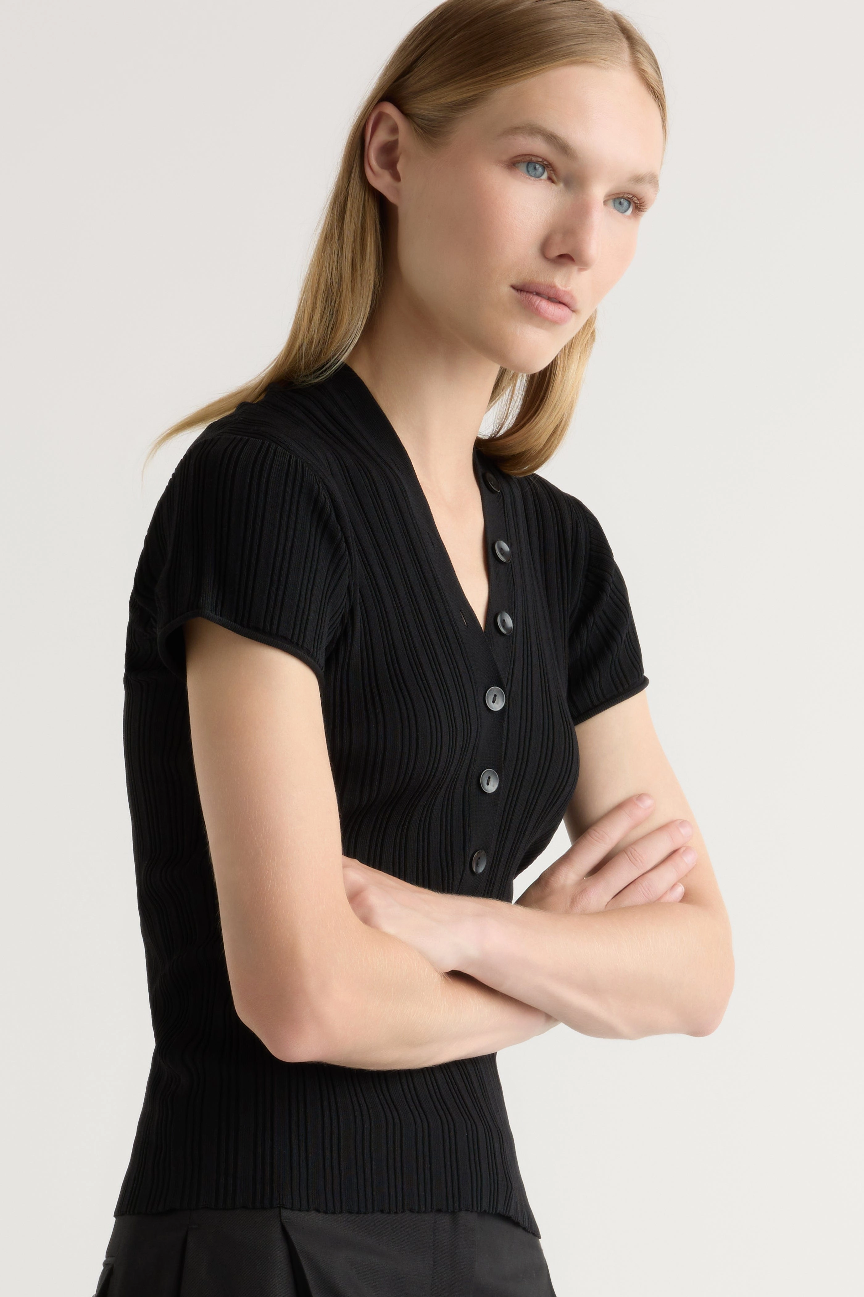 Jeni Button V-Neck Sweater Top Compact Jacquard Weave Wrinkle resistant fabric