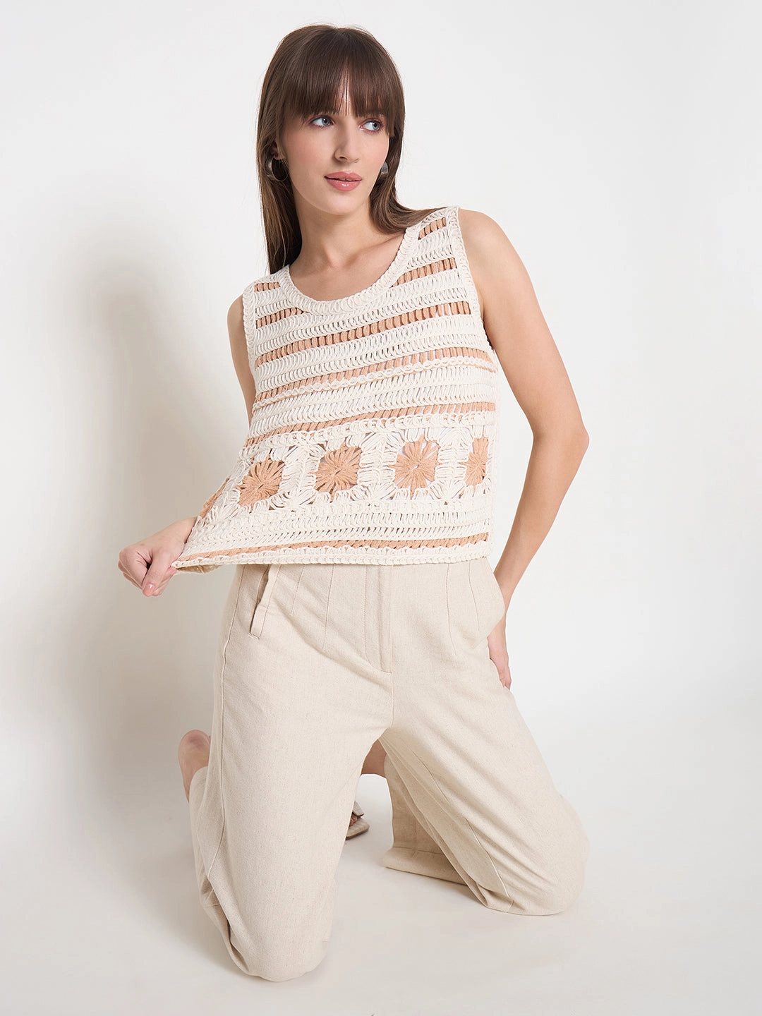 Madame Crochet Sleeveless Solid Beige Cotton Top Breathable Mesh Insert