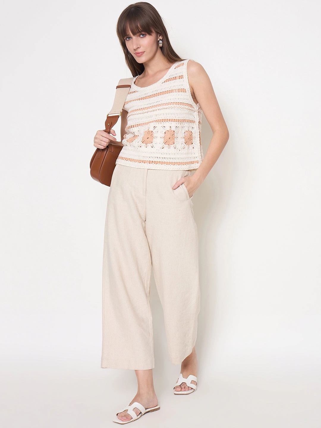All Weather Performance Fabric Madame Crochet Sleeveless Solid Beige Cotton Top