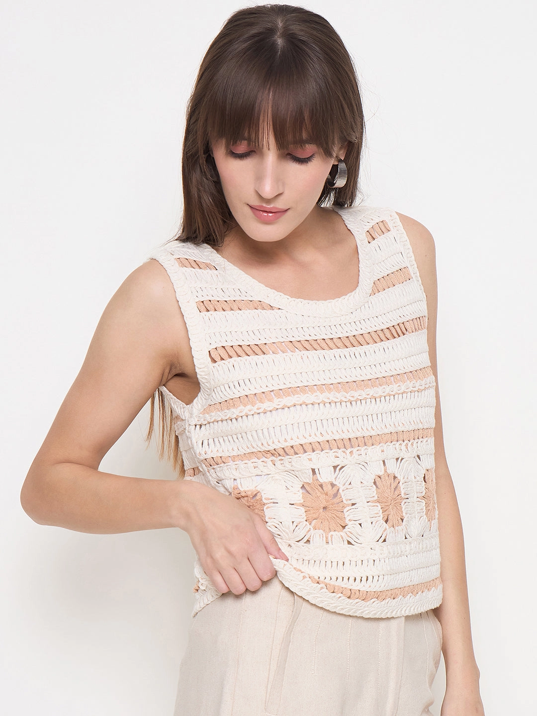 Odor Resistant Treatment Madame Crochet Sleeveless Solid Beige Cotton Top