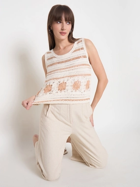Madame Crochet Sleeveless Solid Beige Cotton Top Breathable Mesh Insert