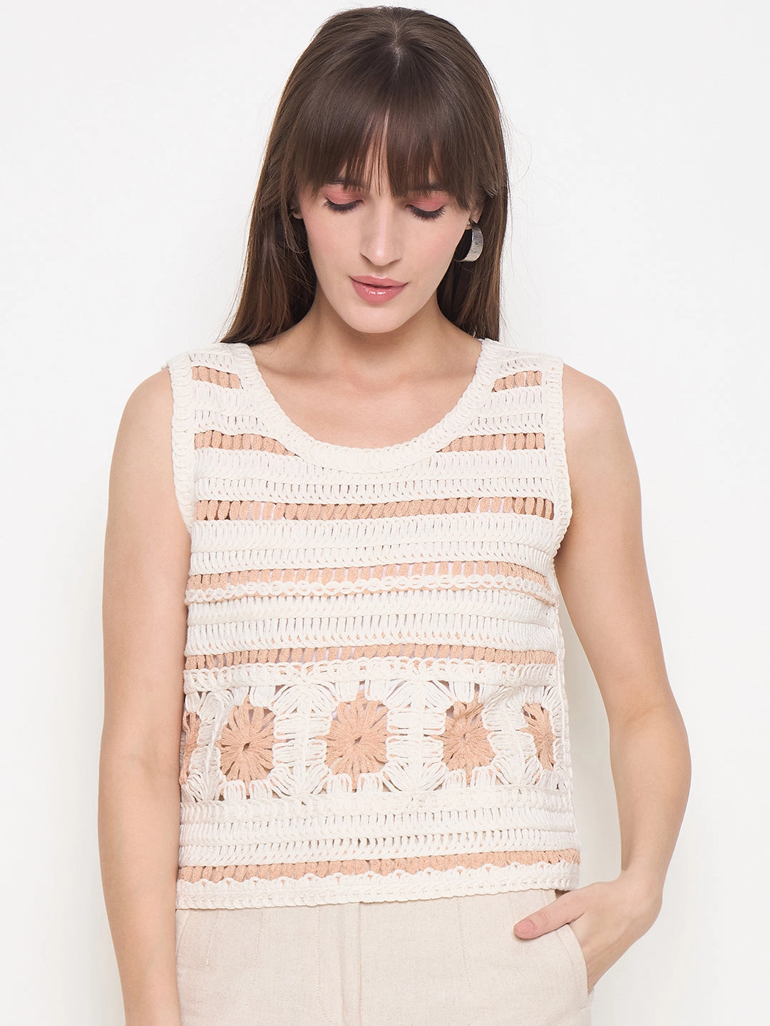 Madame Crochet Sleeveless Solid Beige Cotton Top Sustainable Manufacturing Sandwich Mesh Panel Structure