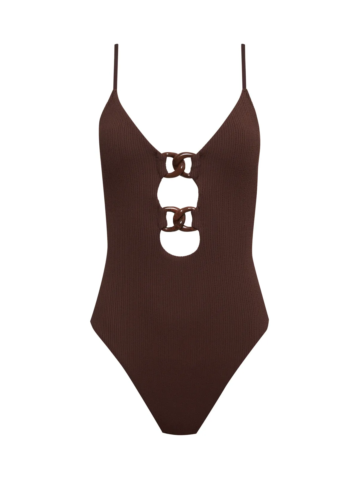 Ribbed Hemline Airflow Mesh Lining Stay Connected One-Piece Swimsuit Espresso