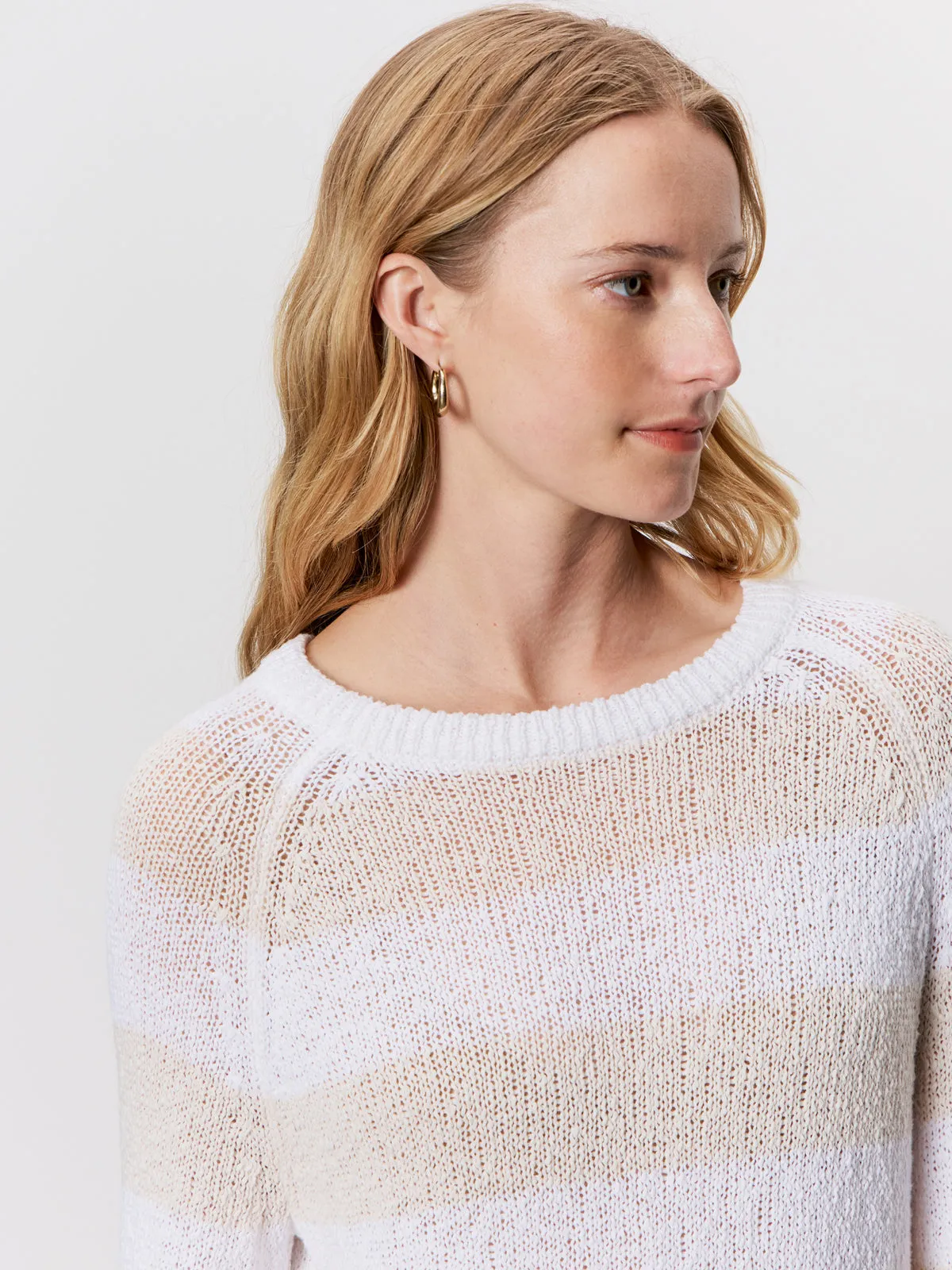 Textured Raglan Crew Sweater White/ Light Oat Stripe Ribbed Knit Fabric