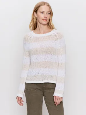 Textured Raglan Crew Sweater White/ Light Oat Stripe retro look Reflective accents