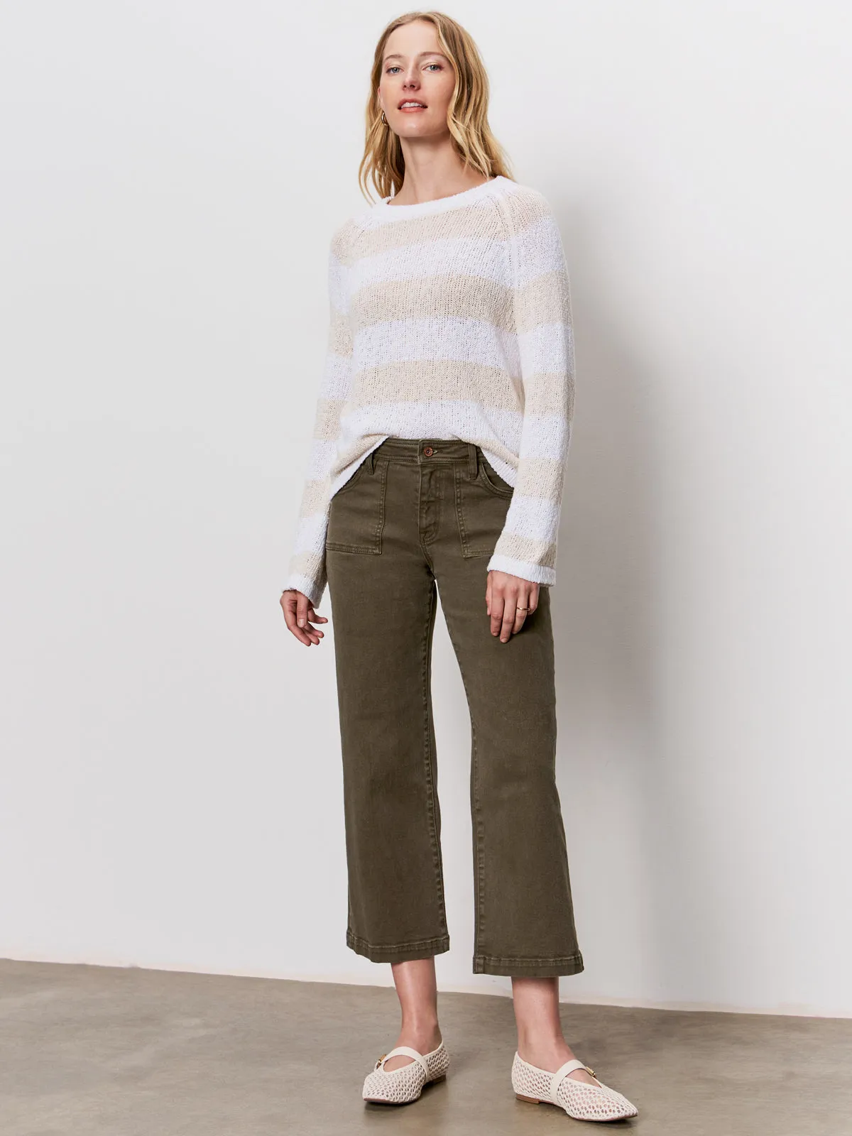 FlatlockSeamTechnique ErgonomicShape Textured Raglan Crew Sweater White/ Light Oat Stripe