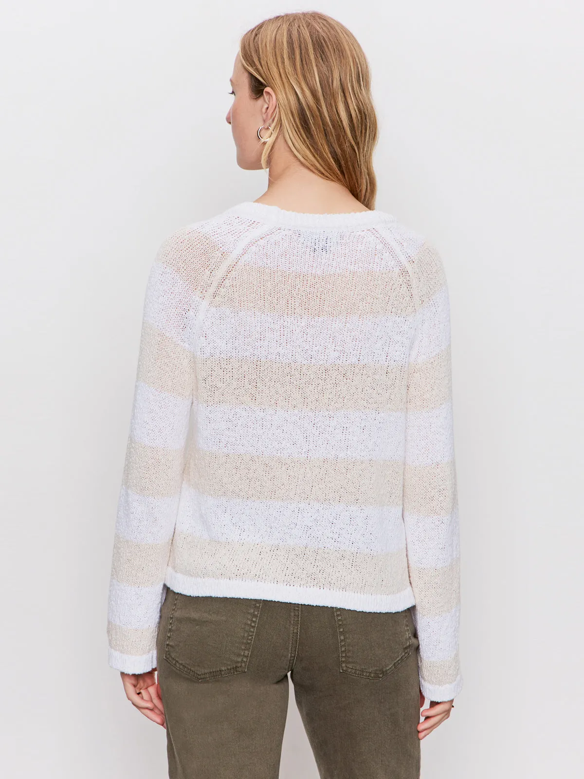 Reinforced Shoulder Panels Textured Raglan Crew Sweater White/ Light Oat Stripe