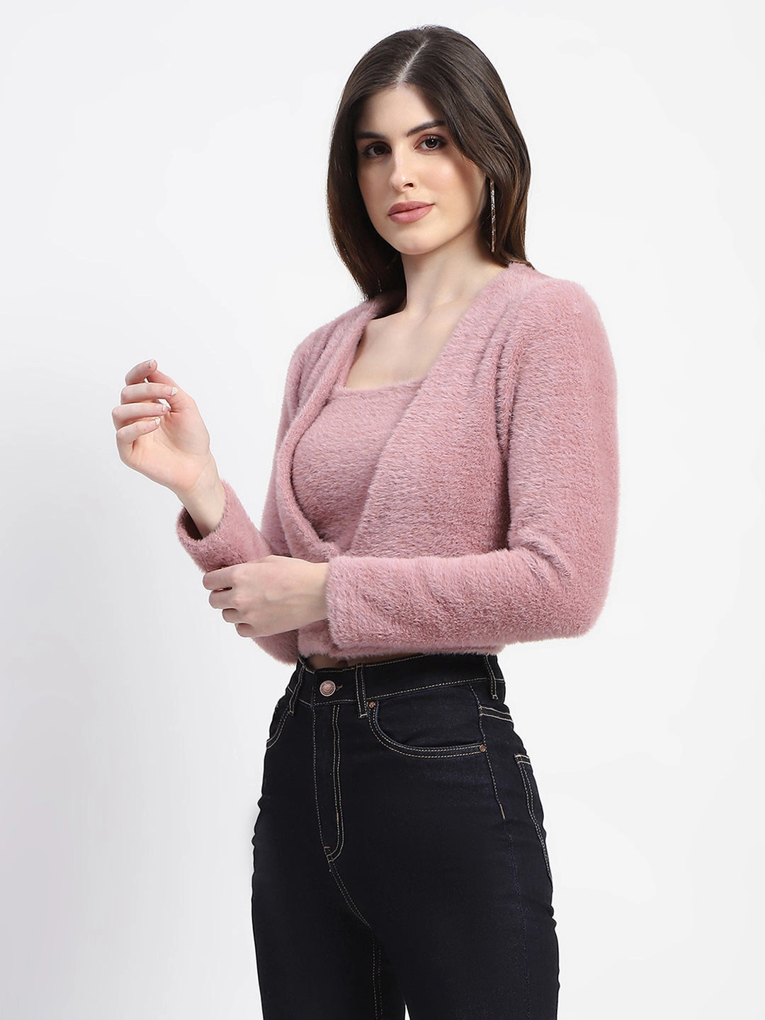 Madame V Neck Button Down Fur Shrug And Top Set Interlock Weave