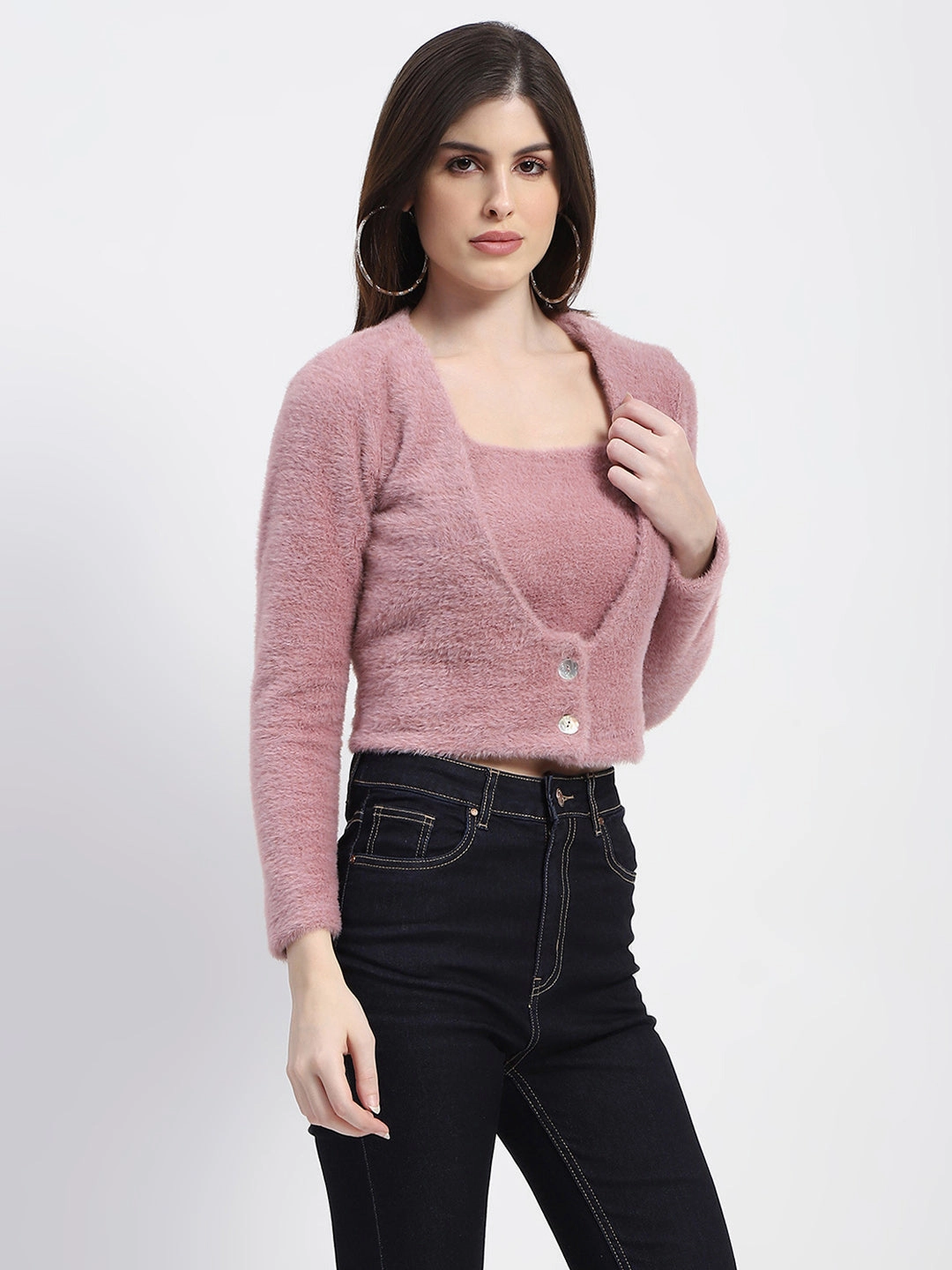 Madame V Neck Button Down Fur Shrug And Top Set Flatlock Seam Technology HiddenVentilationPockets
