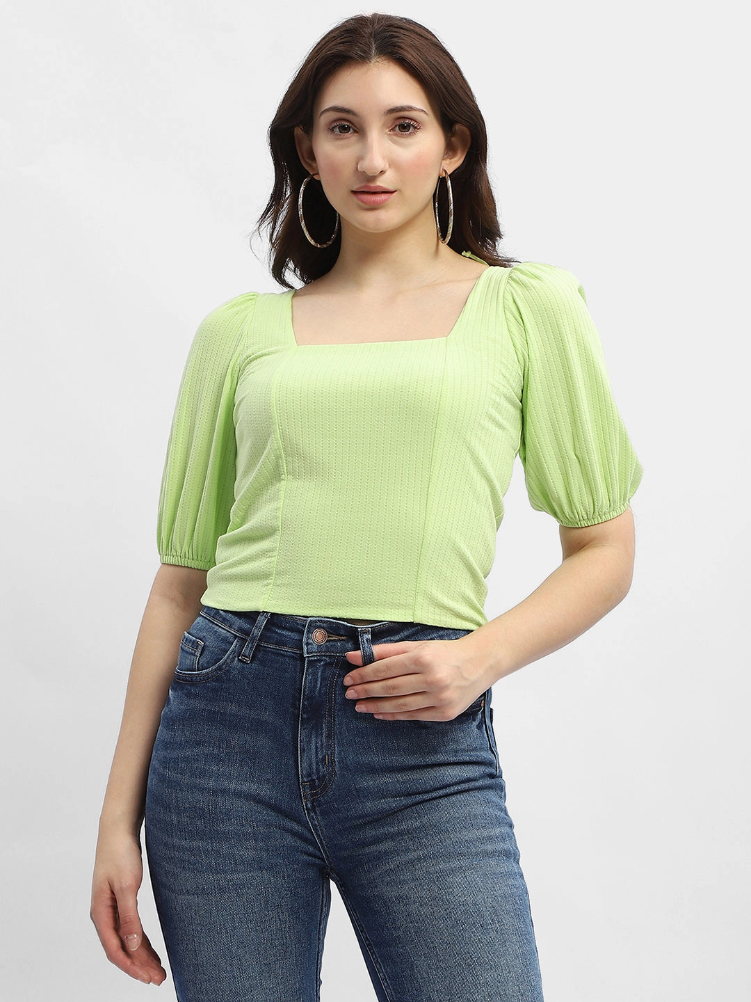 Biodegradable Fiber Blend Stylish Jacket Madame Criss-Cross Back Neon Green Textured Top