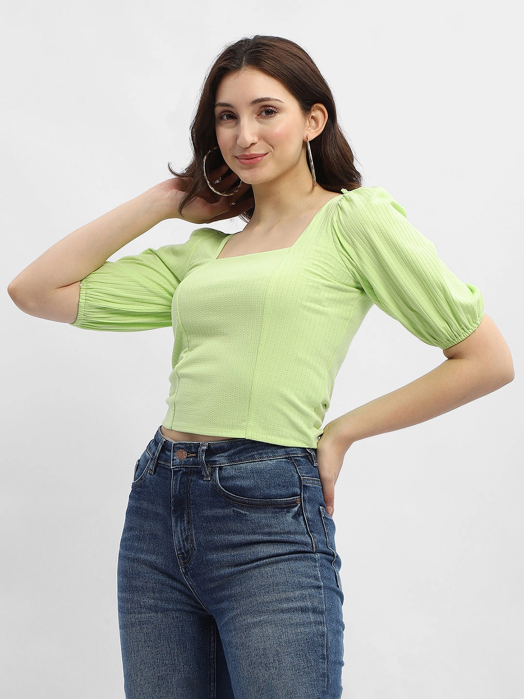 FoamReinforcedCollar Madame Criss-Cross Back Neon Green Textured Top
