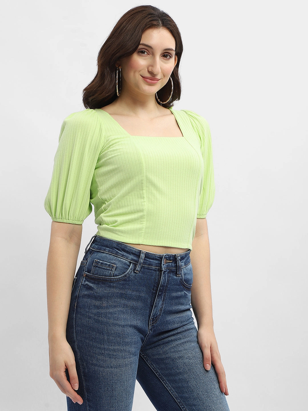 Madame Criss-Cross Back Neon Green Textured Top Airflow Mesh Lining